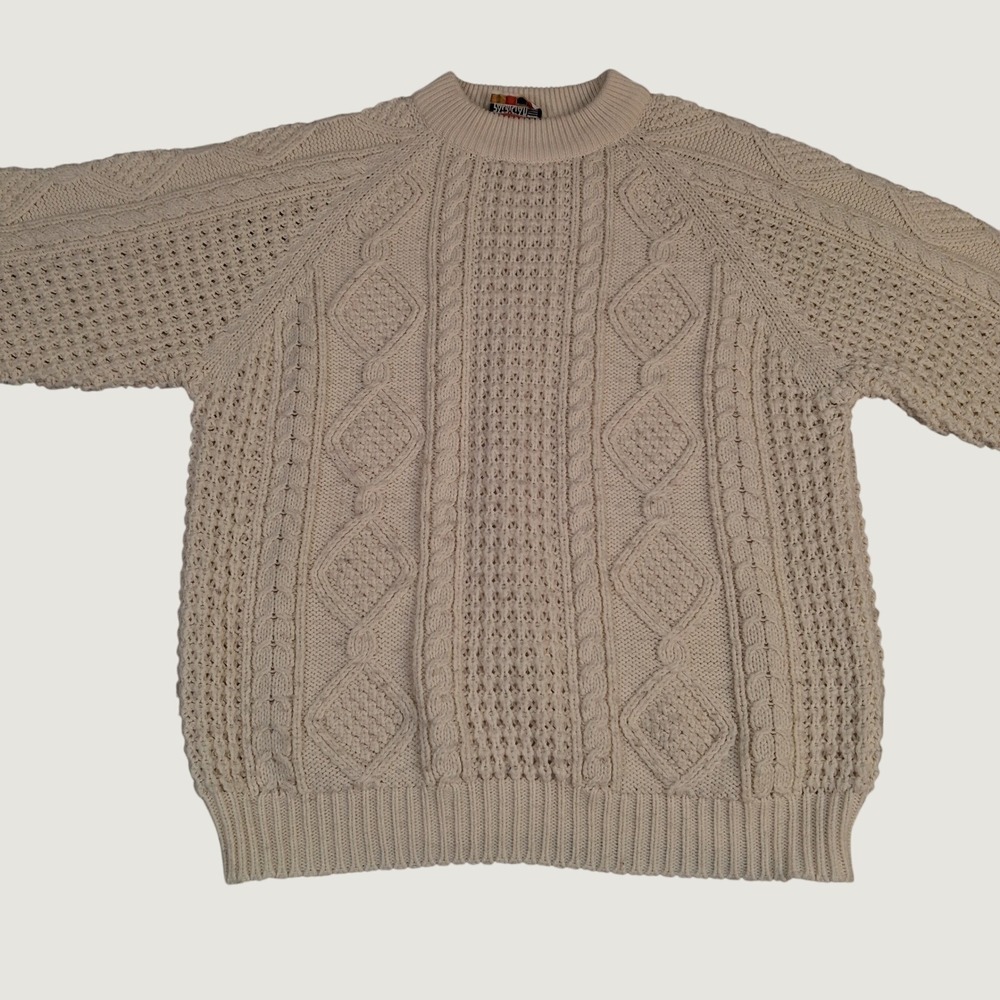 Patrician Cable Knit Sweater Mens L Cream‎ Fisherman Crew Neck Pullover
